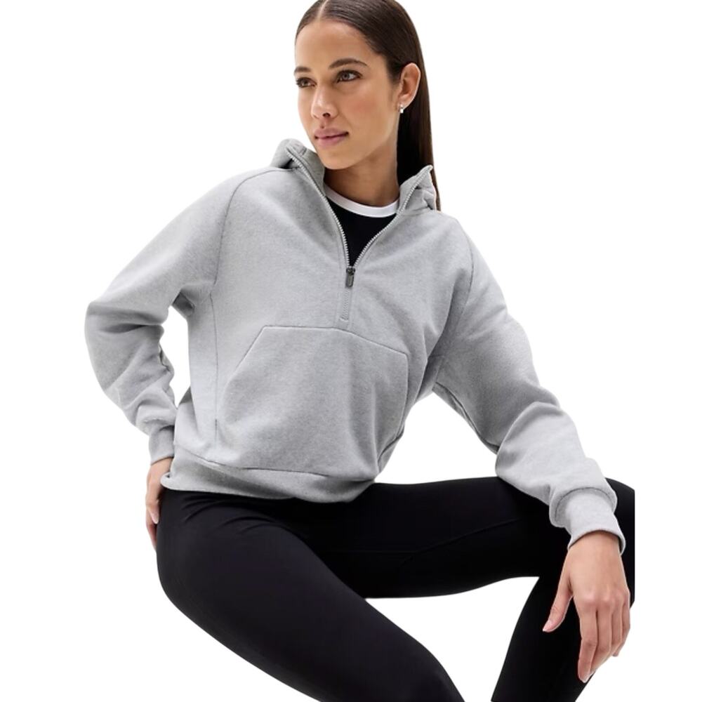 Athleta Grey Forever Fleece 1/2 Zip Hoodie Large Comfy Loungewear Pocket Stretch